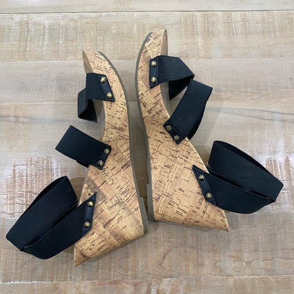 ESPIRIT black espadrille platform slide on wedge cork heel shoes - Picture 3 of 12